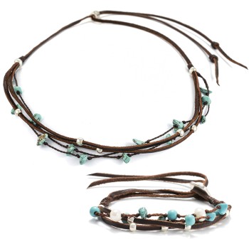 Conjunto VII son una pulsera y un collar con perlas de rio y turquesas