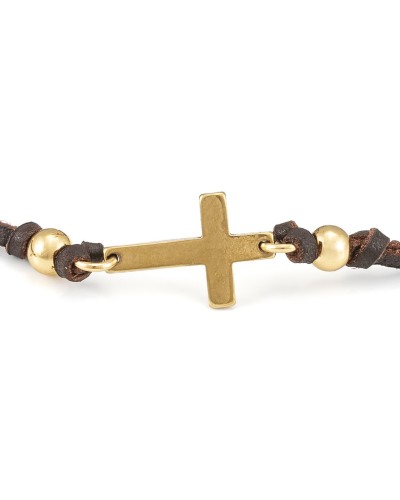 Pulsera de Cuero Cruz - Oro Viejo | Xauen Original